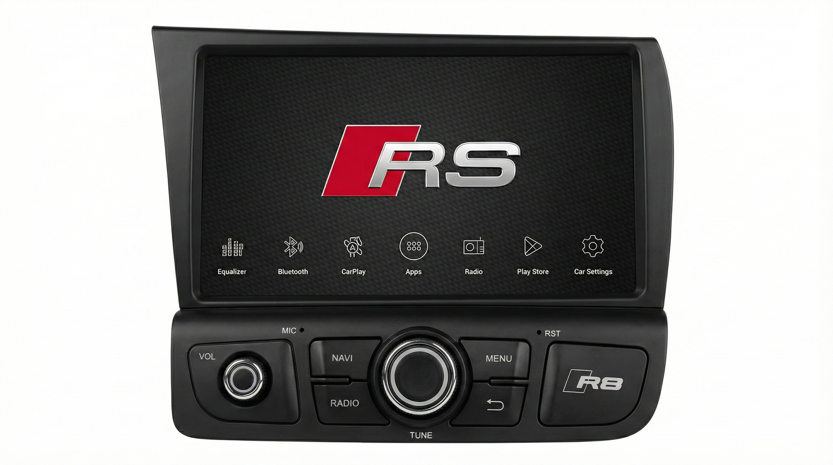 Car stereo system with Audi RS logo on a white background