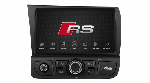 Car stereo system with Audi RS logo on a white background